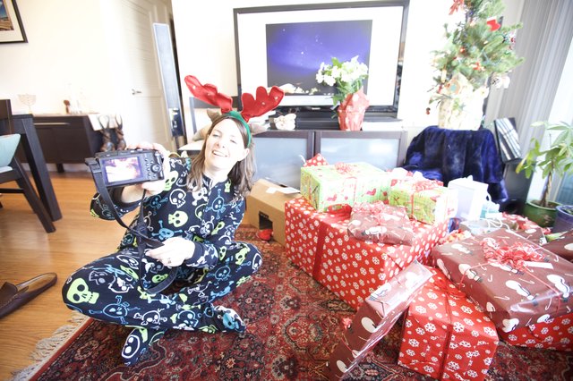 Joyful Christmas Morning in Skull Pajamas with Camera