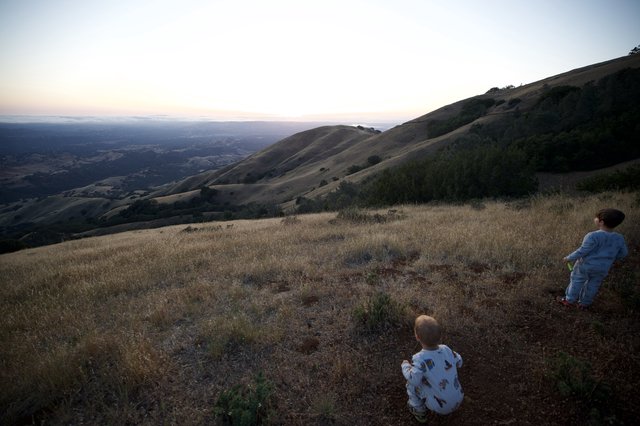 Two Children Gazing Over Golden Hills at Dusk