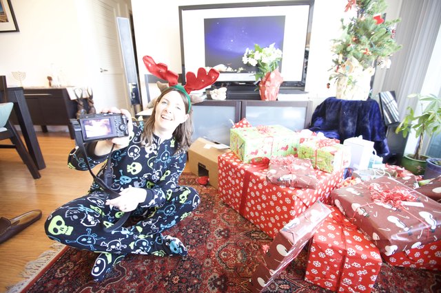 Joyful Christmas Morning in Reindeer Antlers and Skull Pajamas