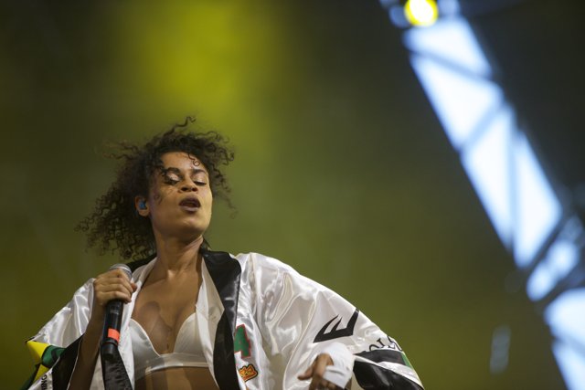 Microphone in Hand: Captivating Performance of a Female Entertainer on Coachella Stage
