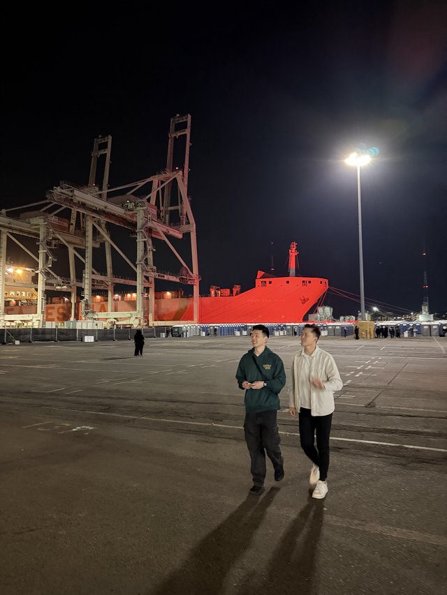 Night Stroll at Industrial Port with Red Ship