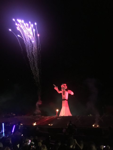 Pink-dressed Performer Ignites the Night with Fireworks