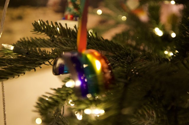 Rainbow Ornament Nestled in Evergreen Christmas Tree