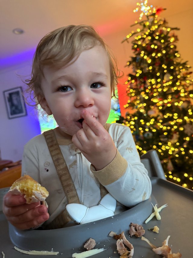 Toddler Enjoying Christmas Dinner at Festive Table