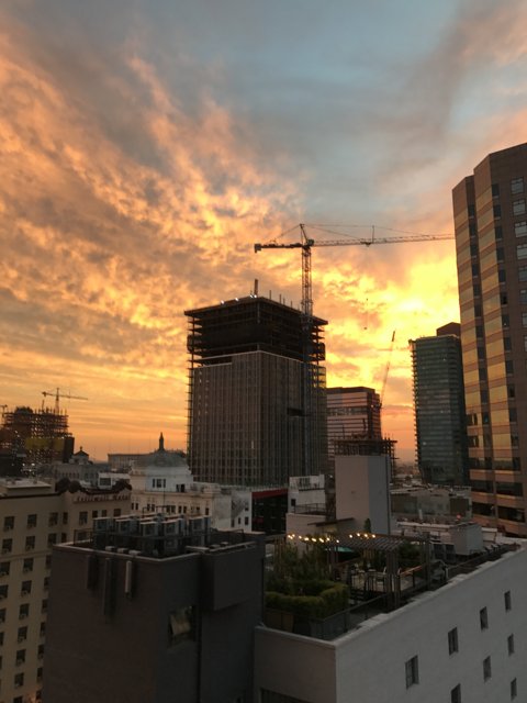 Cityscape Sunset with Construction Cranes