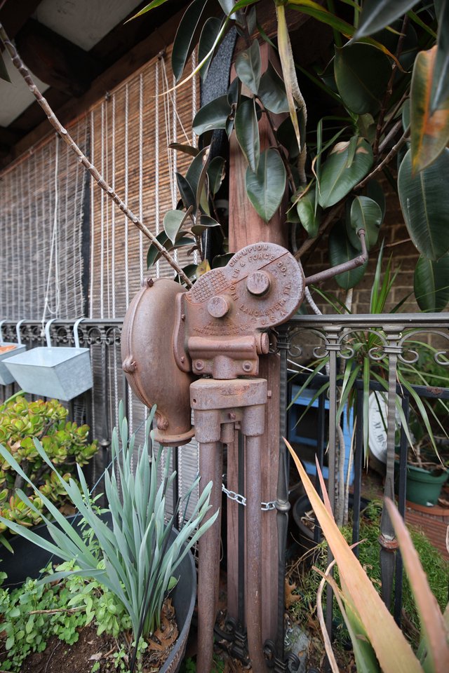 Vintage Industrial Water Pump in Urban Garden Setting