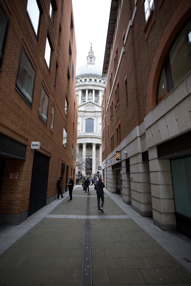 St Paul's Cathedral Framed Through Modern London Alley