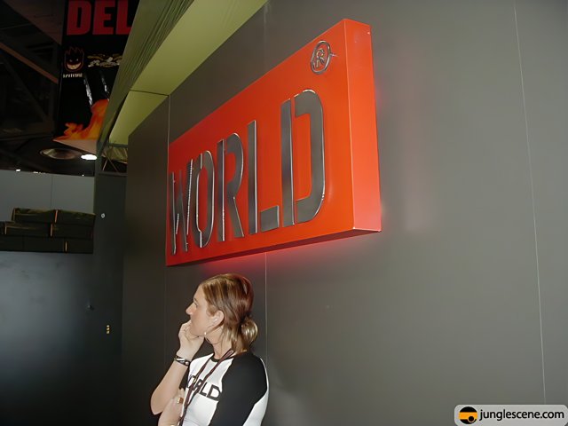 Woman Standing in Front of World Sign