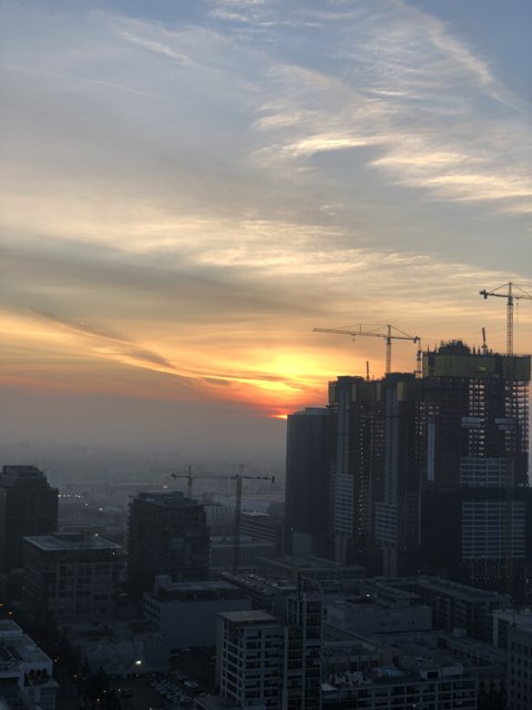 Sunset over the City Skyline with Construction Cranes