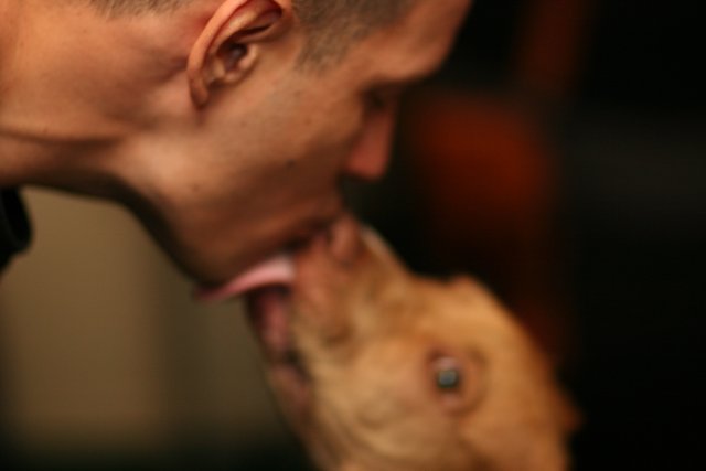 Man shares a smooch with his furry friend