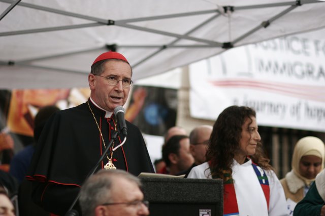 Bishop Roger Mahony speaks at rally