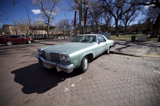 Vintage Light Blue Oldsmobile in Santa Fe Plaza