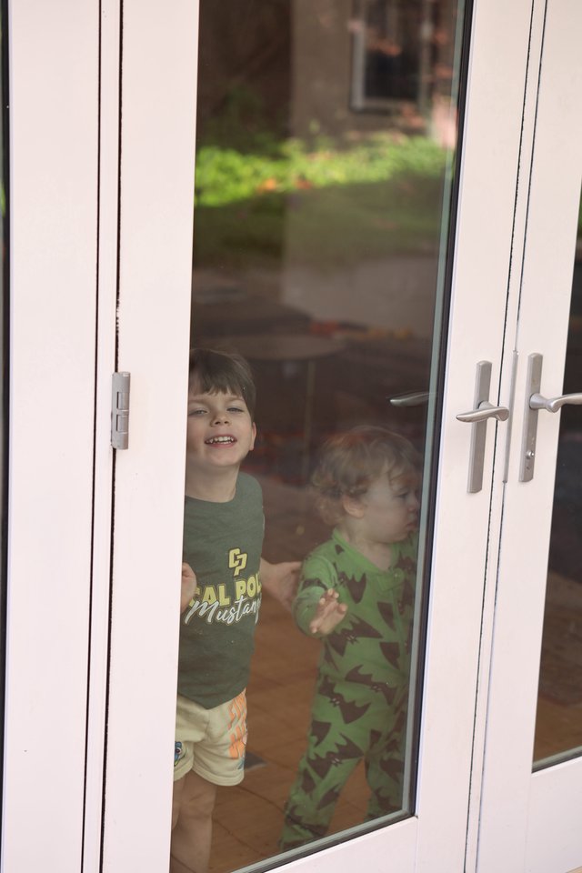 Two Young Brothers Looking Through Glass Door