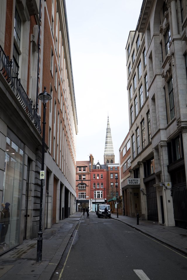 Narrow London Street with Church Spire View