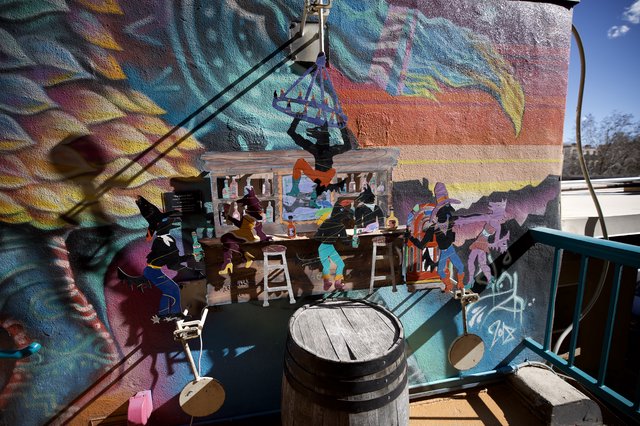 Colorful Street Art Diorama with Miniature Bar Scene