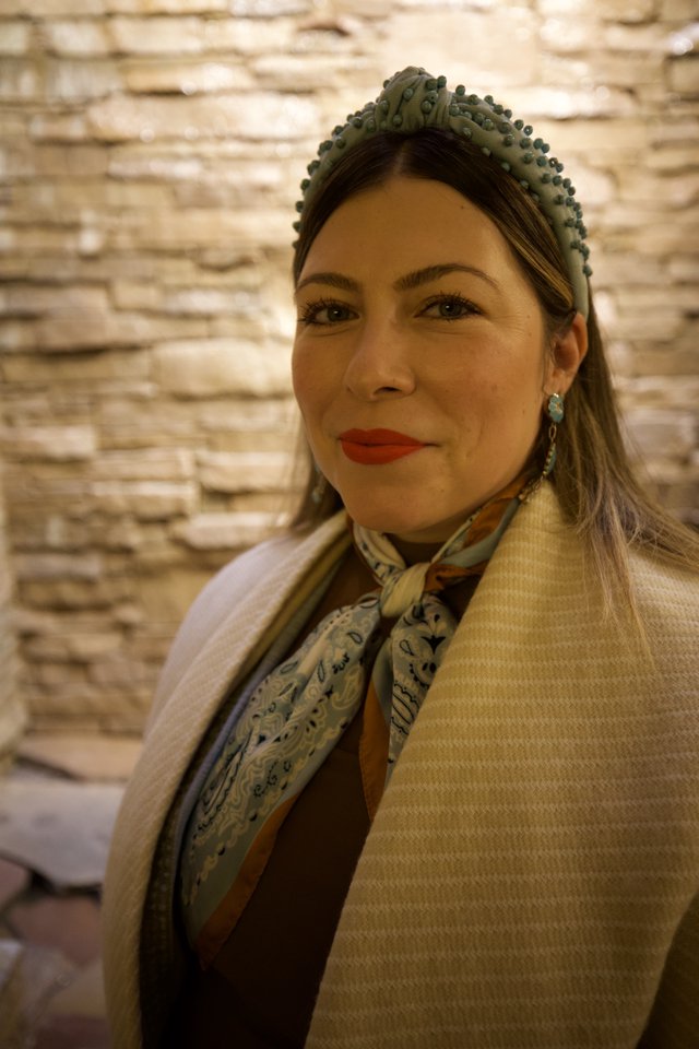 Elegant Portrait with Decorative Headband and Silk Scarf