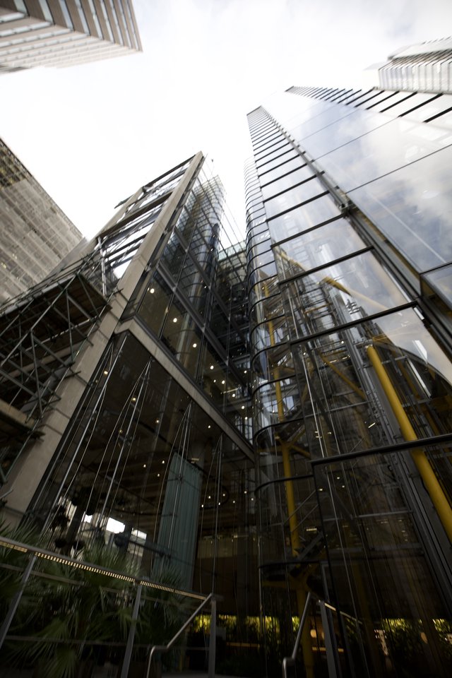 Dramatic Upward View of London Financial District Skyscrapers