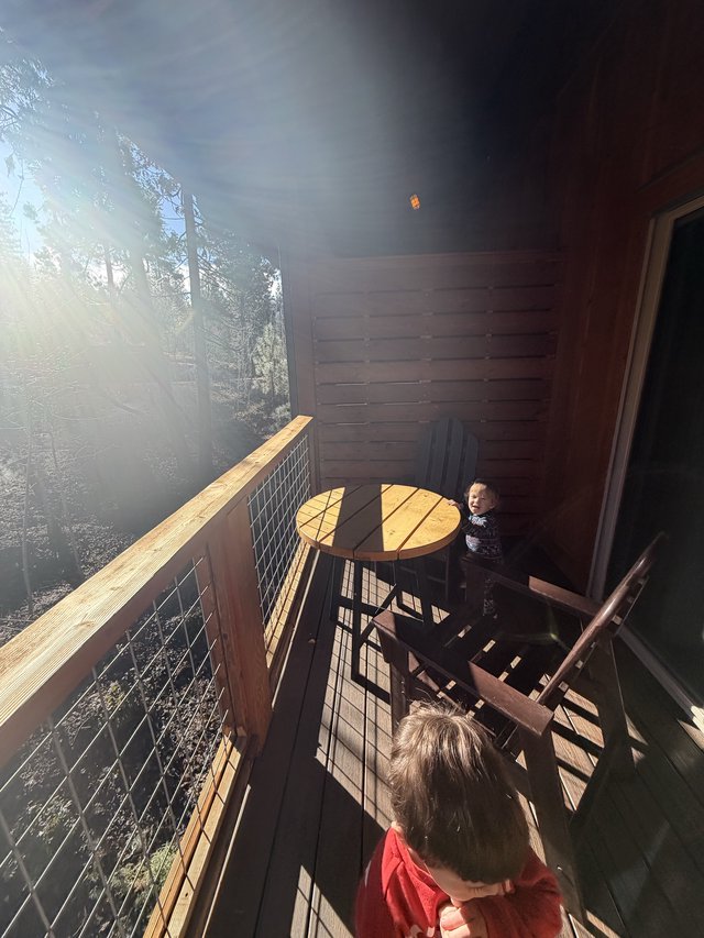 Children Exploring a Sunlit Cabin Deck in Yosemite