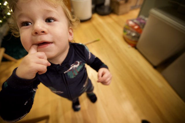 Curious Toddler in Kitchen on Christmas Morning