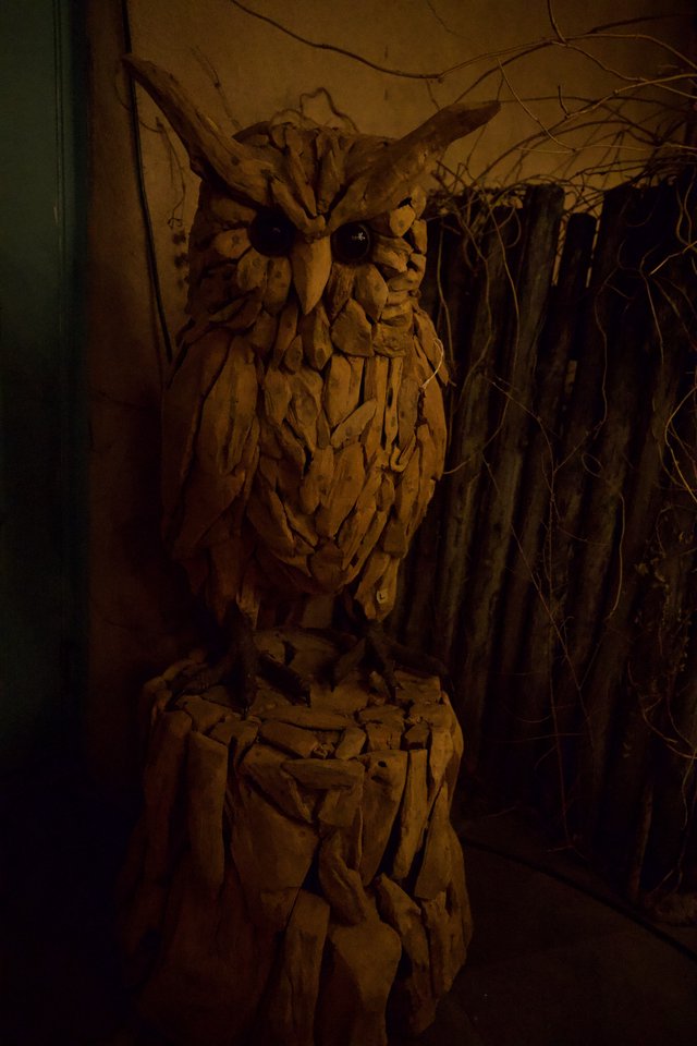 Carved Wooden Owl Sculpture in Atmospheric Lighting