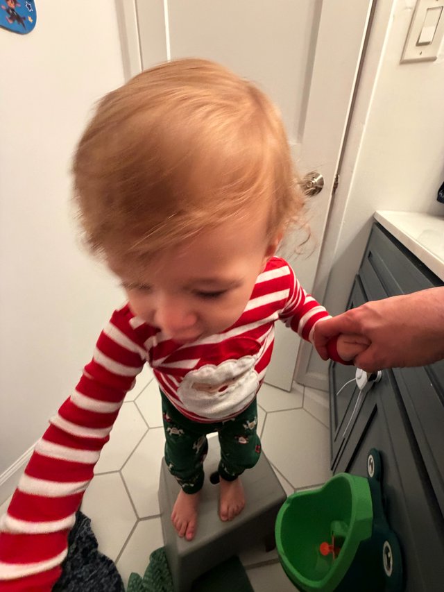 Toddler's Bathroom Routine in Festive Holiday Pajamas