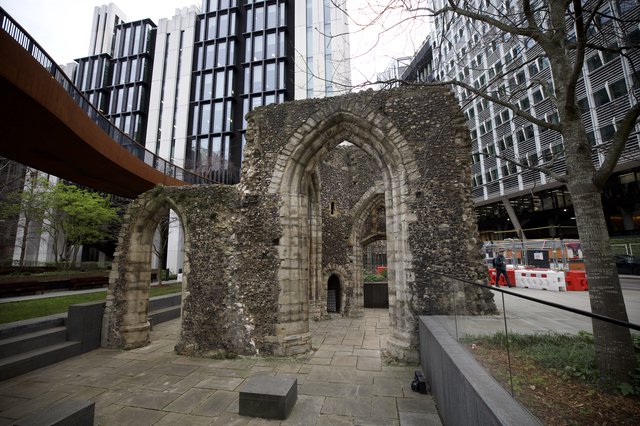 Medieval Church Ruins Amid Modern London Architecture