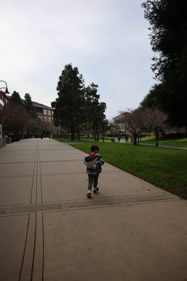 Young Child Walking Through Campus with Backpack