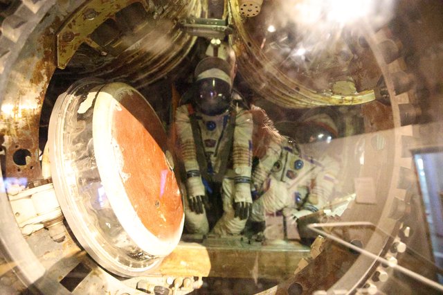 Inside Soviet Space Capsule Display with Cosmonauts