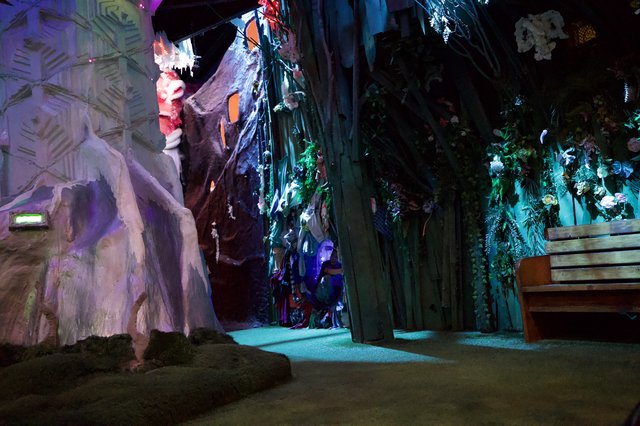 Enchanted Underground Cavern with Colorful Light Installation