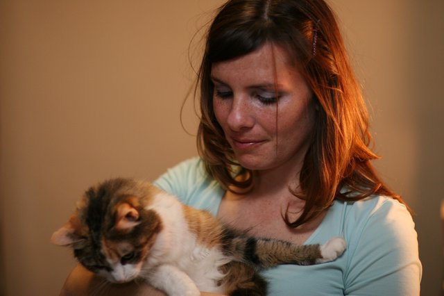 Woman Tenderly Holds Calico Cat in Warm Light