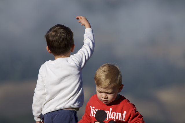 Two Young Boys Exploring the Windy Hilltop Together