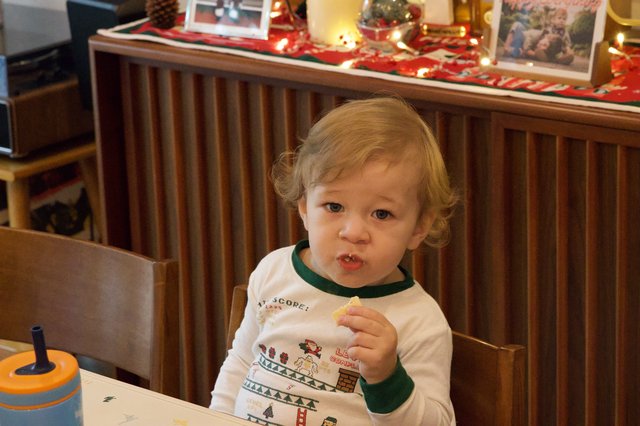 Toddler Enjoying Christmas Cookie in Festive Pajamas