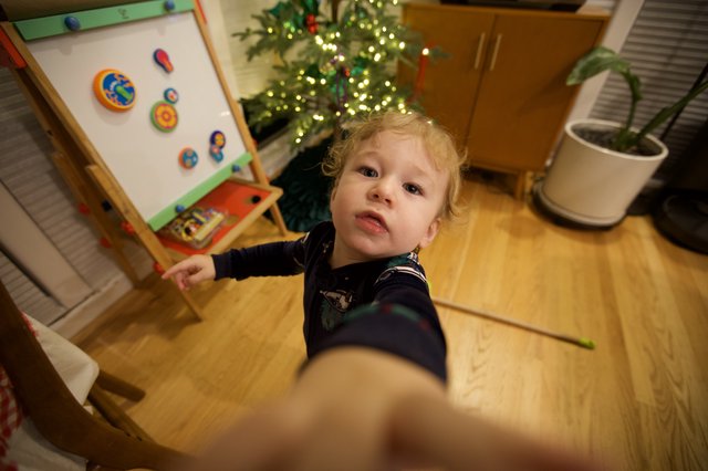 Toddler Reaching Up at Christmas Time