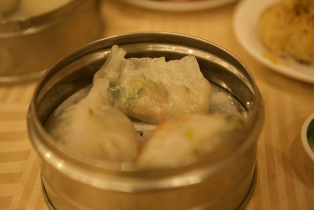 Delicious Dumplings in a Metal Container