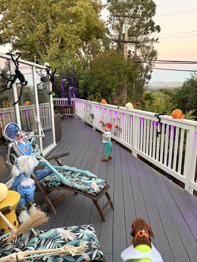 Decorated Deck at Dusk with Child and Dog
