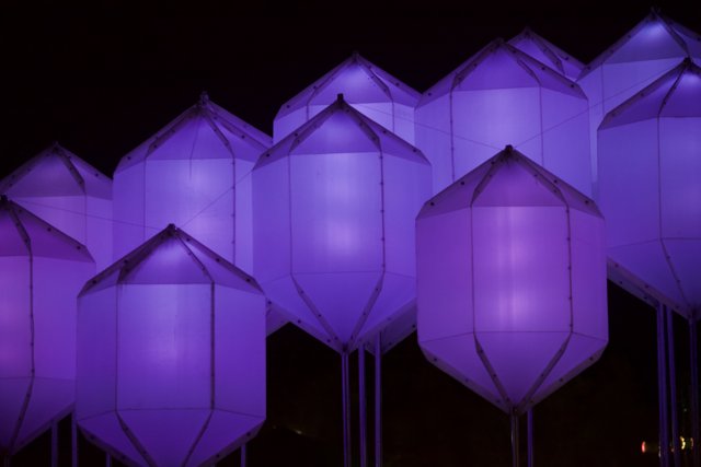 Illuminated Purple Kites Dance in the Night Sky