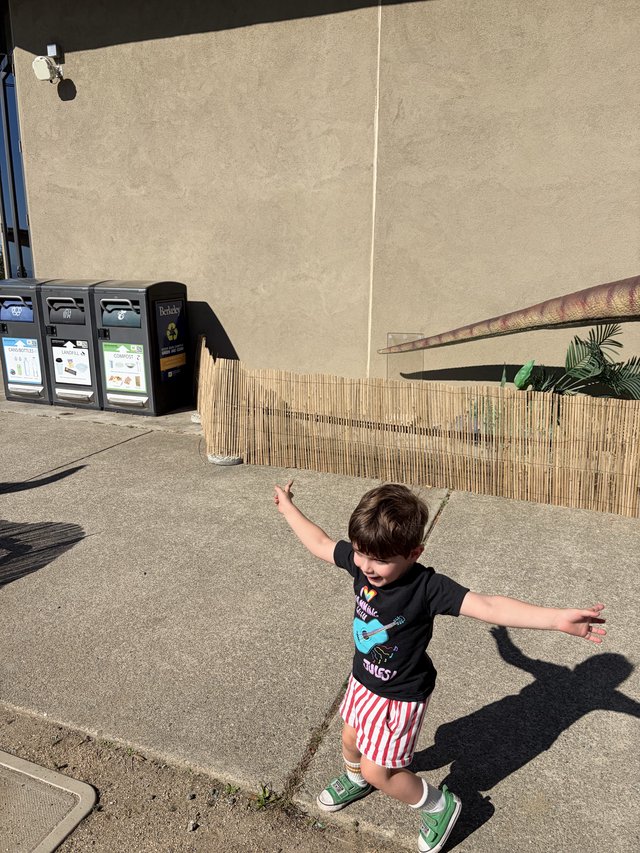 Carefree Child with Arms Outstretched in Sunny Courtyard
