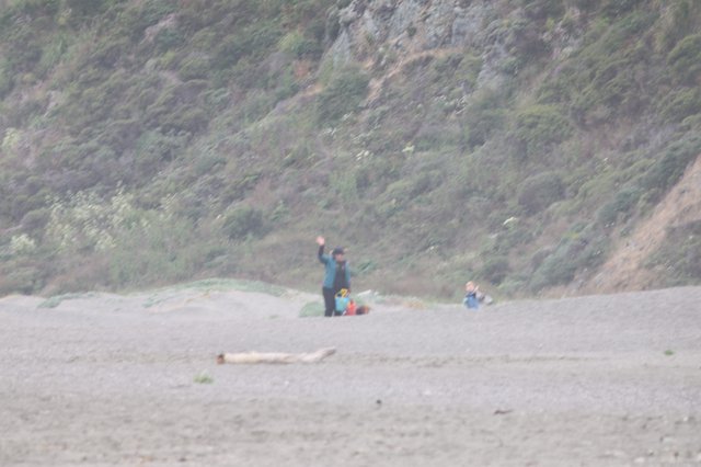 Waving Hello on a Misty Beach Camping Day