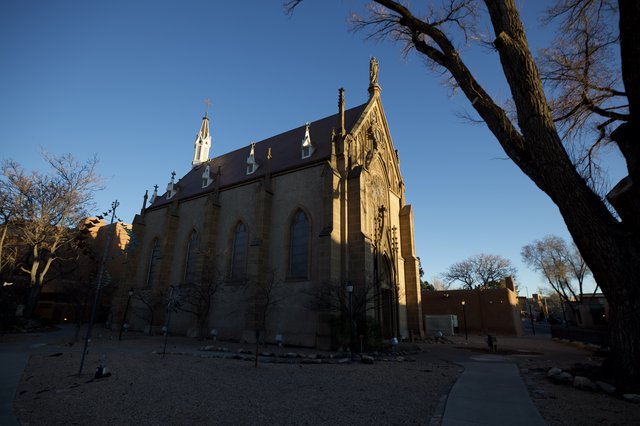Historic Loretto Chapel Bathed in Golden Hour Light