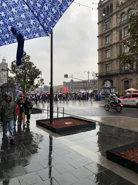 Blue Umbrella on a Crowded Sidewalk