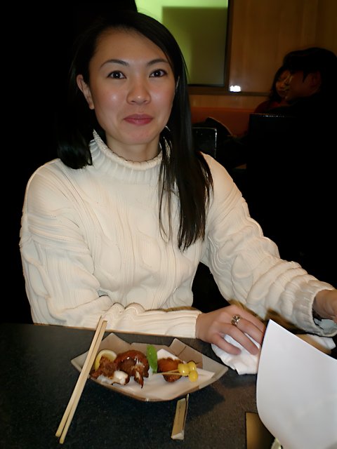 Ryoko enjoying blowfish dinner at Tokyo restaurant