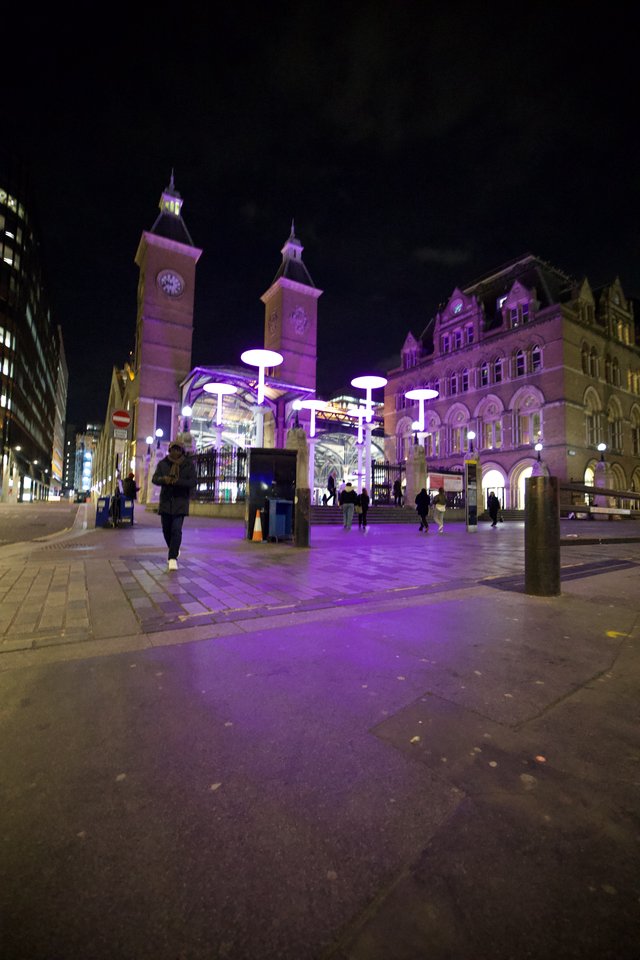 Purple Night Illumination at Liverpool Street Station Plaza