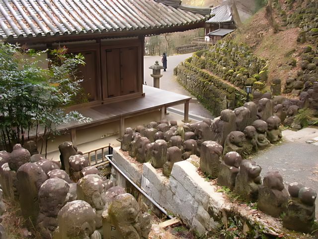 Japanese Temple adorned with Stone Statues