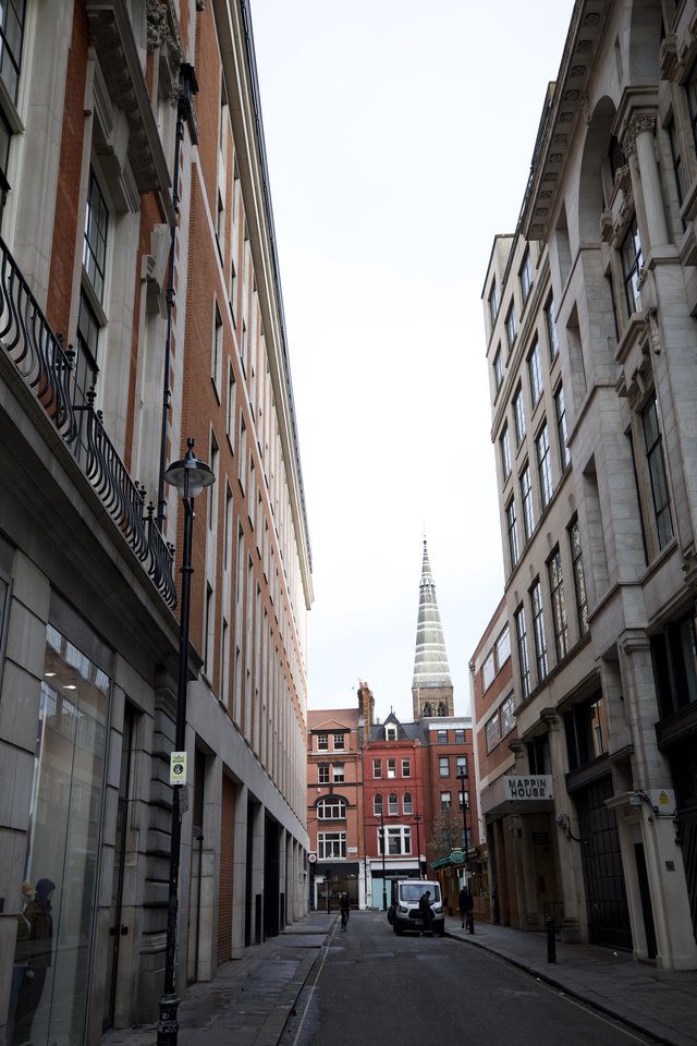 Narrow London Street with Church Spire View