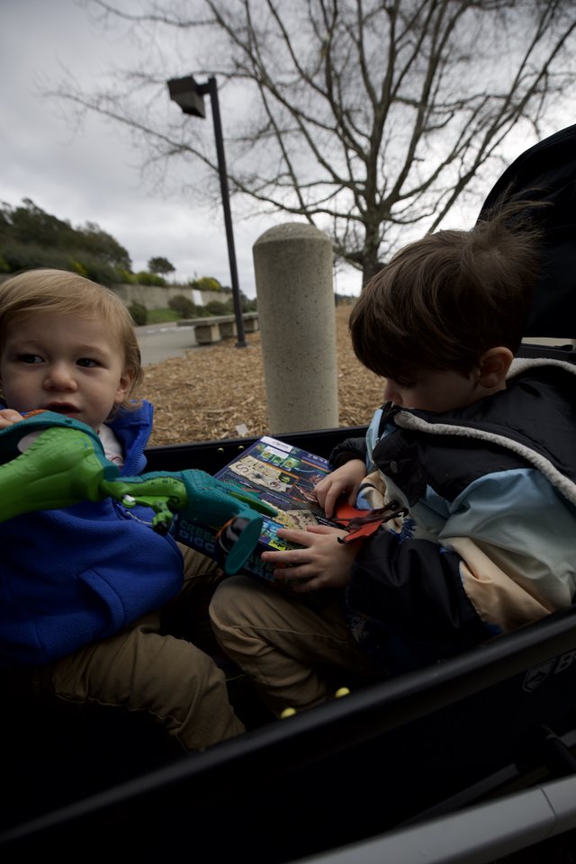 Brothers Reading Together at Playground on Winter Day