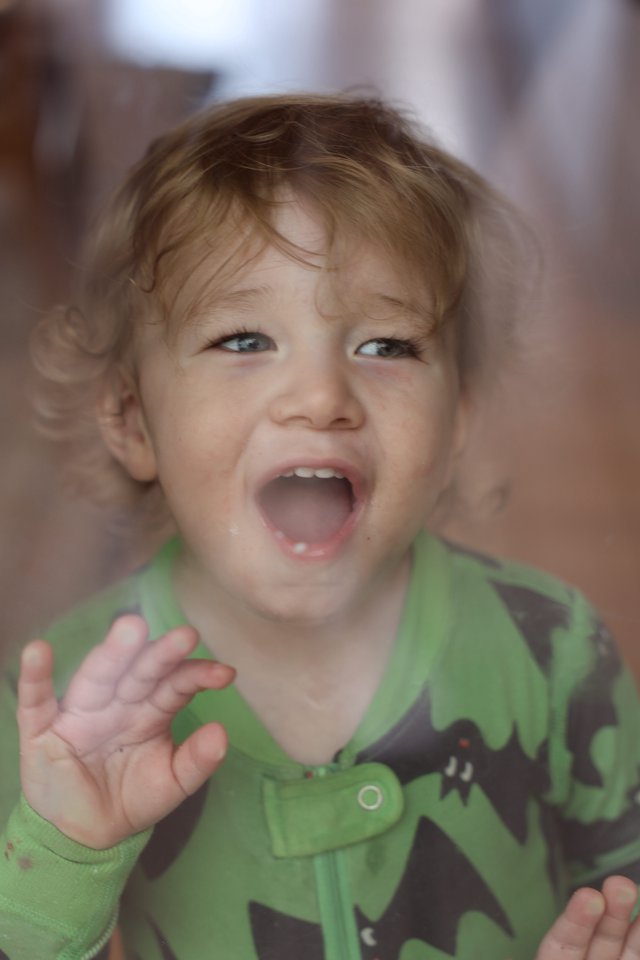 Joyful Toddler in Green Dinosaur Shirt