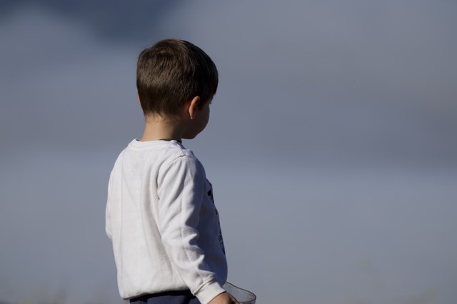 Young Boy Gazes Toward Stormy Mountain Skies