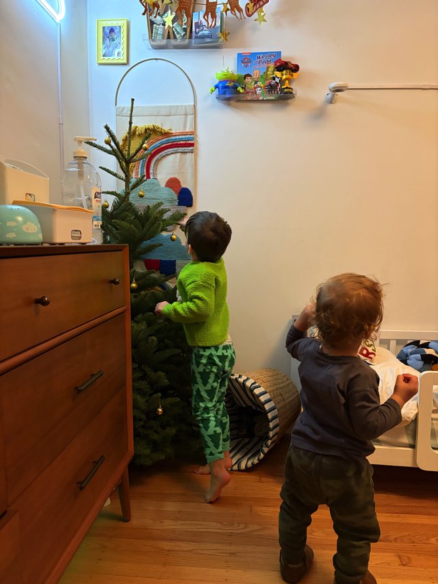Two Young Children Decorating Christmas Tree Together
