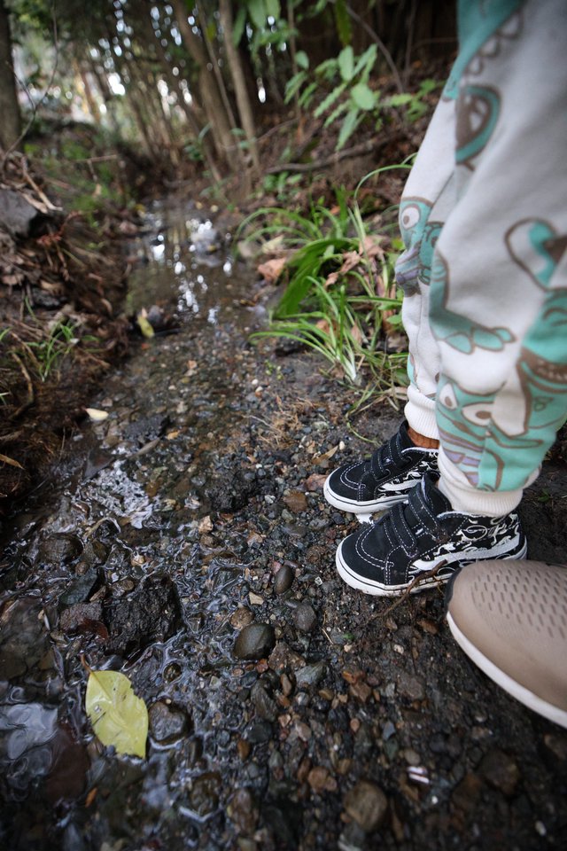 Child Exploring Muddy Creek Stream in Nature