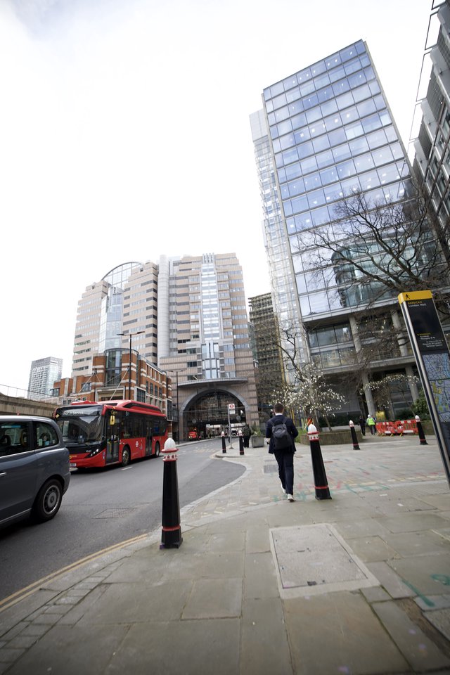 Modern London Architecture and Red Double-Decker Bus